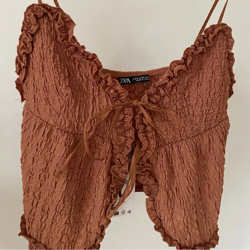 NWT Zara Ruffled Textured Tie Front Tank Top in Brown - M - Picture 6 of 8